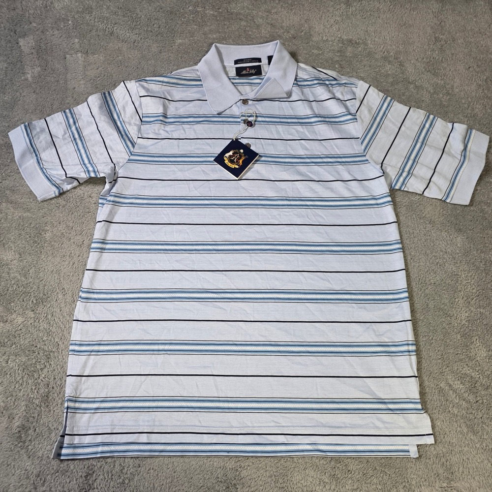 Allen Solly Mens M Polo Shirt Blue Striped Double Mercerized Cotton Short Sleeve